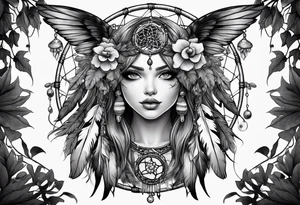 A fairies with mushrooms and eyeballs in a dreamcatcher with feathers tattoo idea
