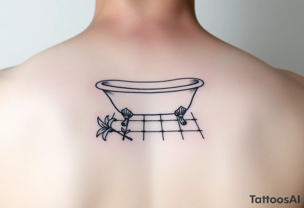 Clawfoot bathtub on tile floor with lily growing out of floor tattoo idea