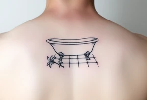 Clawfoot bathtub on tile floor with lily growing out of floor tattoo idea