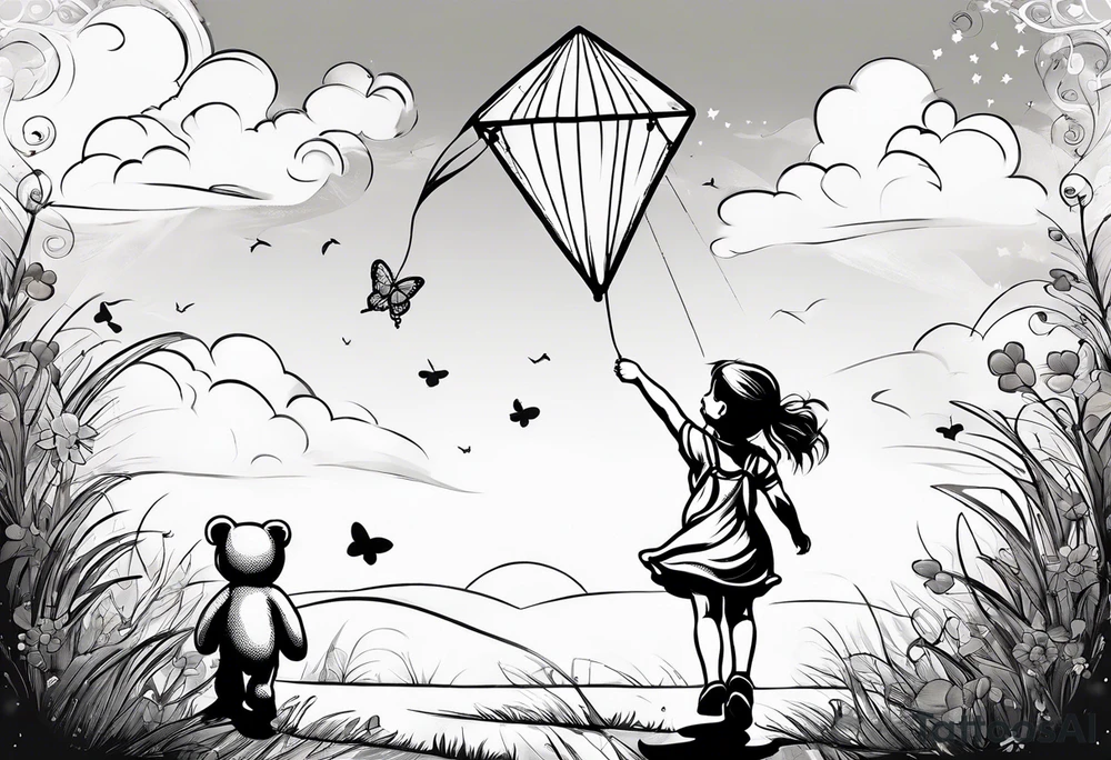 back image of a little girl in a dress, flying a kite, a teddy bear in overalls, standing beside her tattoo idea