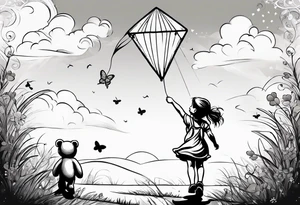 back image of a little girl in a dress, flying a kite, a teddy bear in overalls, standing beside her tattoo idea