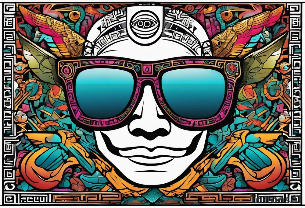 Colorful ancient Mayan hieroglyph made of stone wearing sunglasses reflecting Chichen itza and bats. tattoo idea