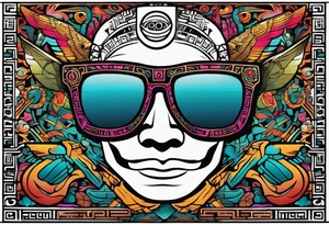 Colorful ancient Mayan hieroglyph made of stone wearing sunglasses reflecting Chichen itza and bats. tattoo idea