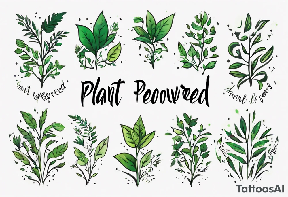 Words “Plant Powered” spelled out with plants and vines through out the words tattoo idea