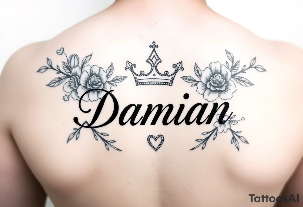 Name Damian, with crown, flowers and hearts tattoo idea