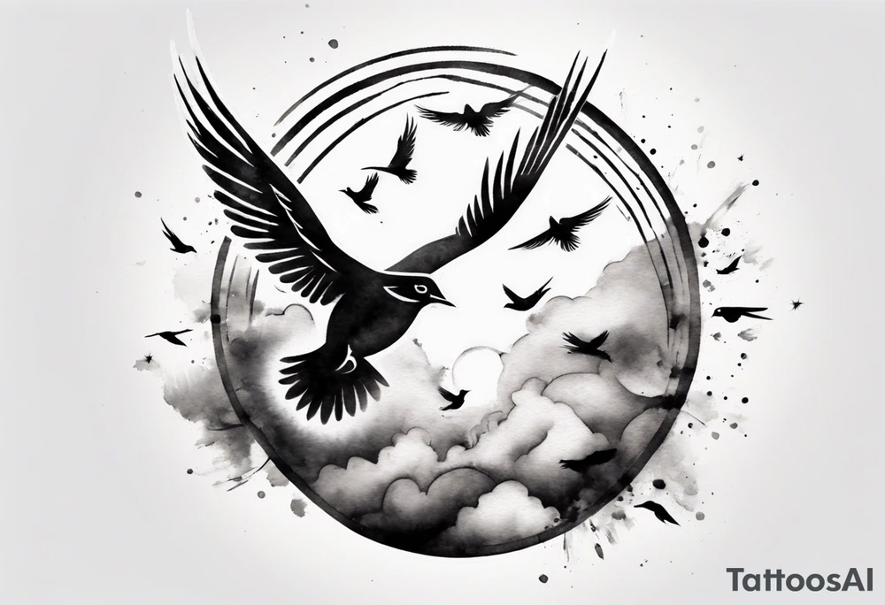 shoulder tattoo with light rays with birds flying free among the clouds, round shape, 3d effect tattoo idea