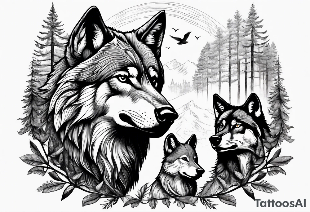 Alpha wolf in forest with 2 cubs tattoo idea