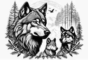 Alpha wolf in forest with 2 cubs tattoo idea