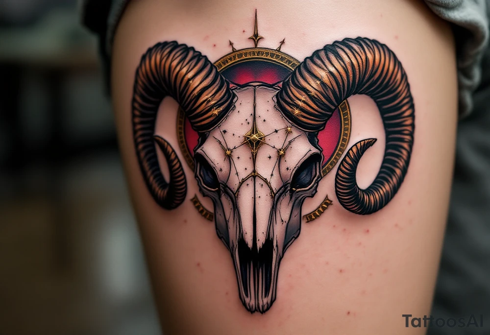 This bold Aries piece features the constellation in gold thread across a ram skull shaded in black and crimson. tattoo idea