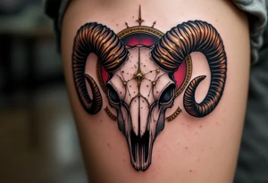 This bold Aries piece features the constellation in gold thread across a ram skull shaded in black and crimson. tattoo idea