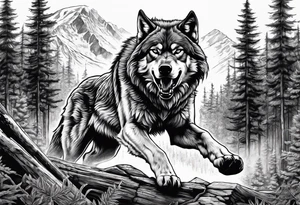 Detailed powerful angry AlphaWolf in Front of a scary forest tattoo idea