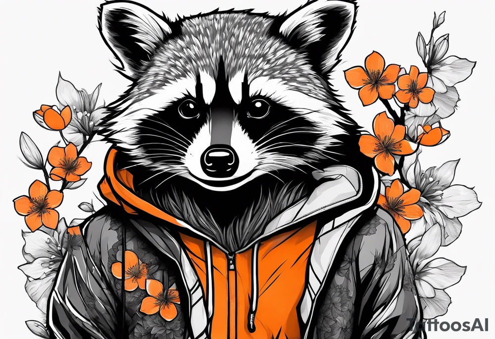 raccoon wearing a black and white Superman hoodie and orange Japanese cherry blossoms tattoo idea