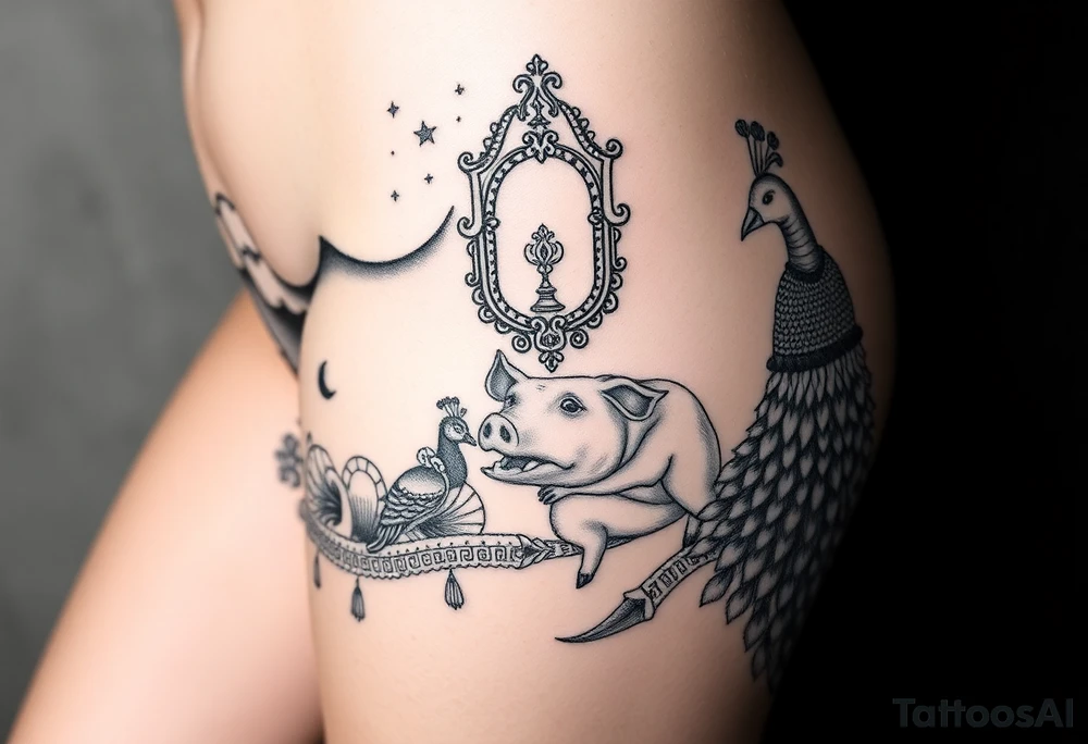 Storm clouds with a fat naked woman and drugs and money  and coinsand mirror and sexy naked couple lustful having sex with pig and peacock tattoo idea