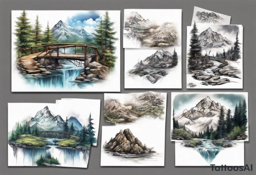 mountain landscape with a foot bridge connecting mountains tattoo idea