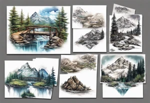 mountain landscape with a foot bridge connecting mountains tattoo idea