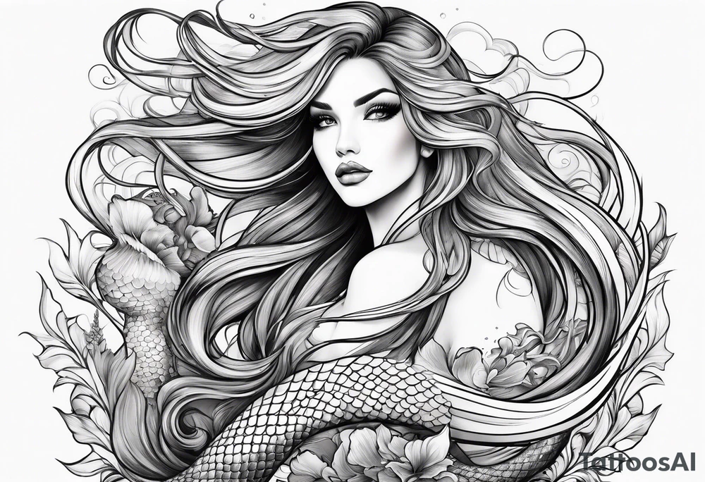 sexy full bodied mermaid with long 
flowing tail and hair, tattoo sleeve tattoo idea