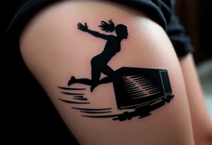 A silhouette of Tris jumping from a train, with motion blur effects to capture the speed and thrill of Dauntless initiation, representing movie Divergent tattoo idea