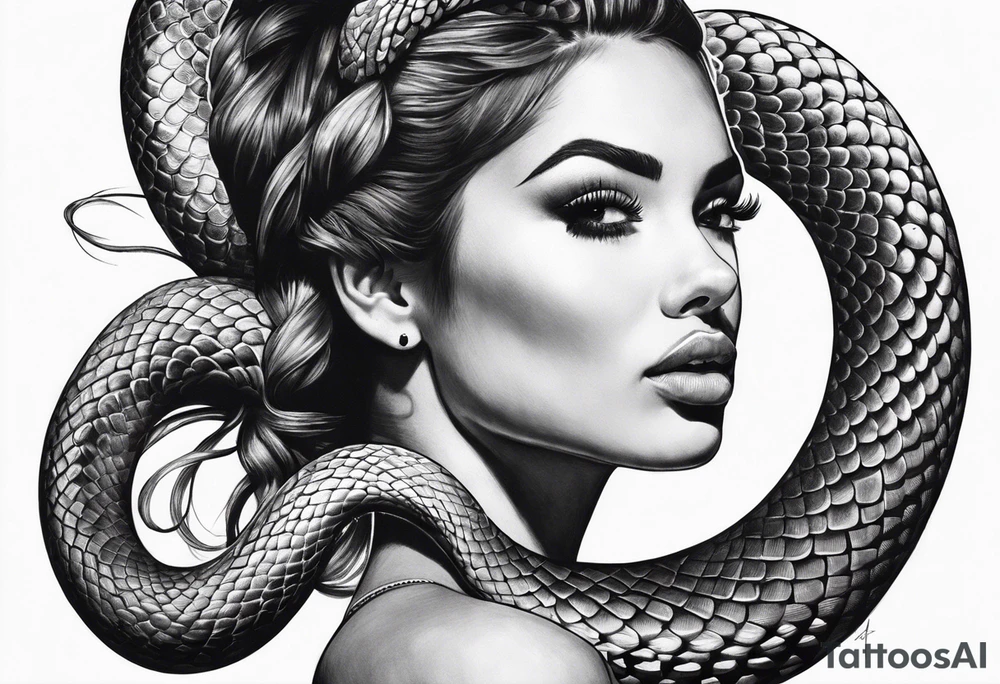Big snake on girl head tattoo idea