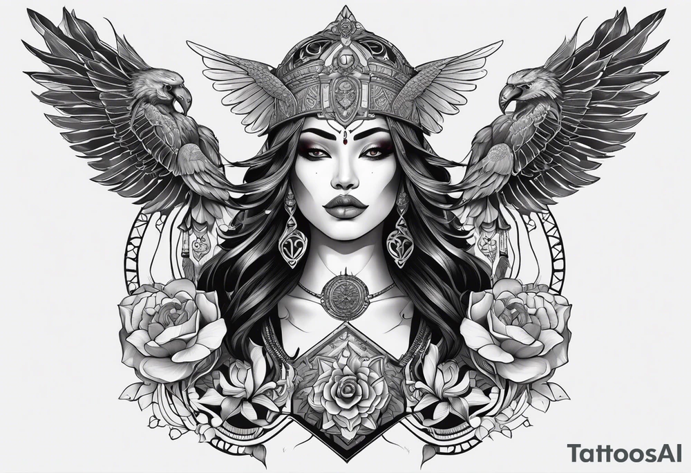 kali ma, alien goddess, valkrye, aries, pirate, divine feminine, zenza resonance, pachamama, lotus azul, blank panther, eagle, skull, 5D, nueva gaya, dna 12, left side chest tatoo tattoo idea