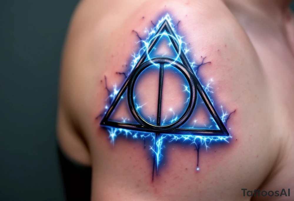 A detailed Deathly Hallows symbol (triangle, circle, and line) with a soft, glowing effect around it in deep blue and purple hues, giving it an ethereal and magical feel, symbolizing the power of the three legendary objects. tattoo idea