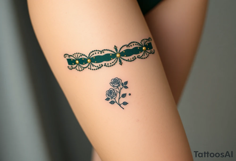 garter tattoo with dark forest green velvet, with baroque-inspired gold accents and tiny intricate roses tattoo idea