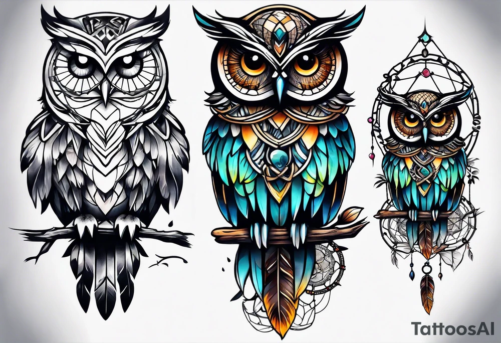 Owl and dreamcatcher back of calf sleeve tattoo idea