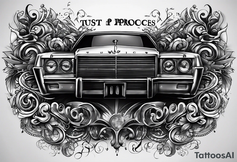 the words "trust the process" and behind it/coming out of it is music notes hiphop, and money and business and emotion references tattoo idea