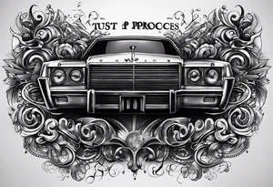 the words "trust the process" and behind it/coming out of it is music notes hiphop, and money and business and emotion references tattoo idea