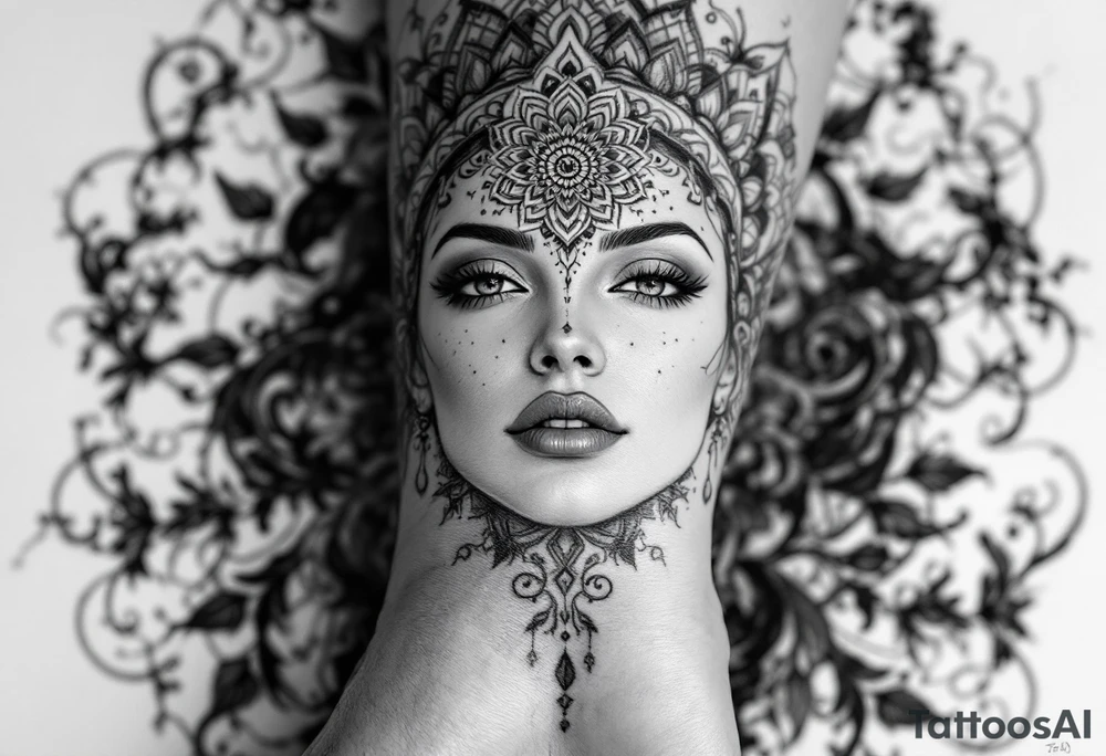 beautiful woman dmt deity with mandala fully behind head tattoo idea