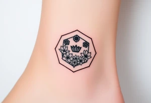 Faint Hexagon with astrological sign for Leo, larkspur and water lilies in the center tattoo idea