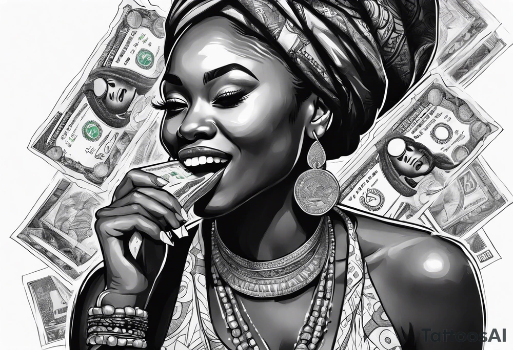 african woman biting money tattoo idea