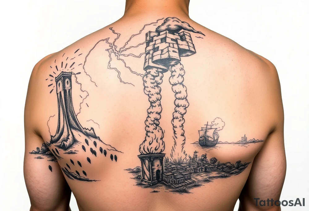 this will be a right arm sleeve.

A crumbling tower struck by lightning, with people scattering in chaos.
Fire raining down from heaven on a burning city, with smoke rising.
A blazing altar with fire falling from heaven
 Floodwaters overtaking the earth, with an ark in the distance. tattoo idea