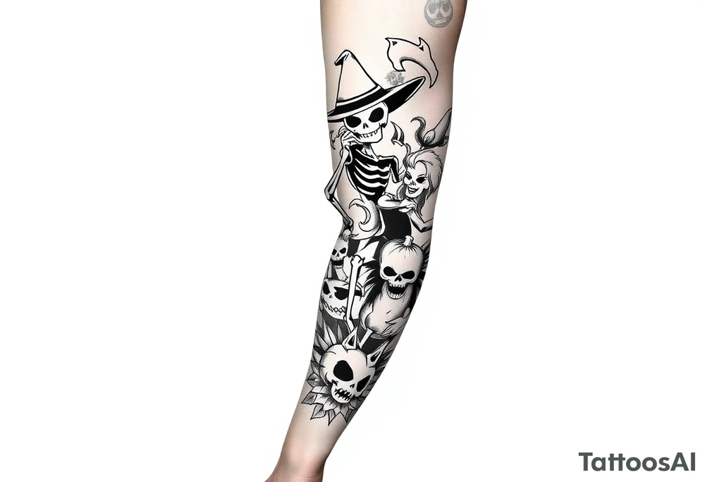 Full sleeve on leg of Halloween inspired art work tattoo idea