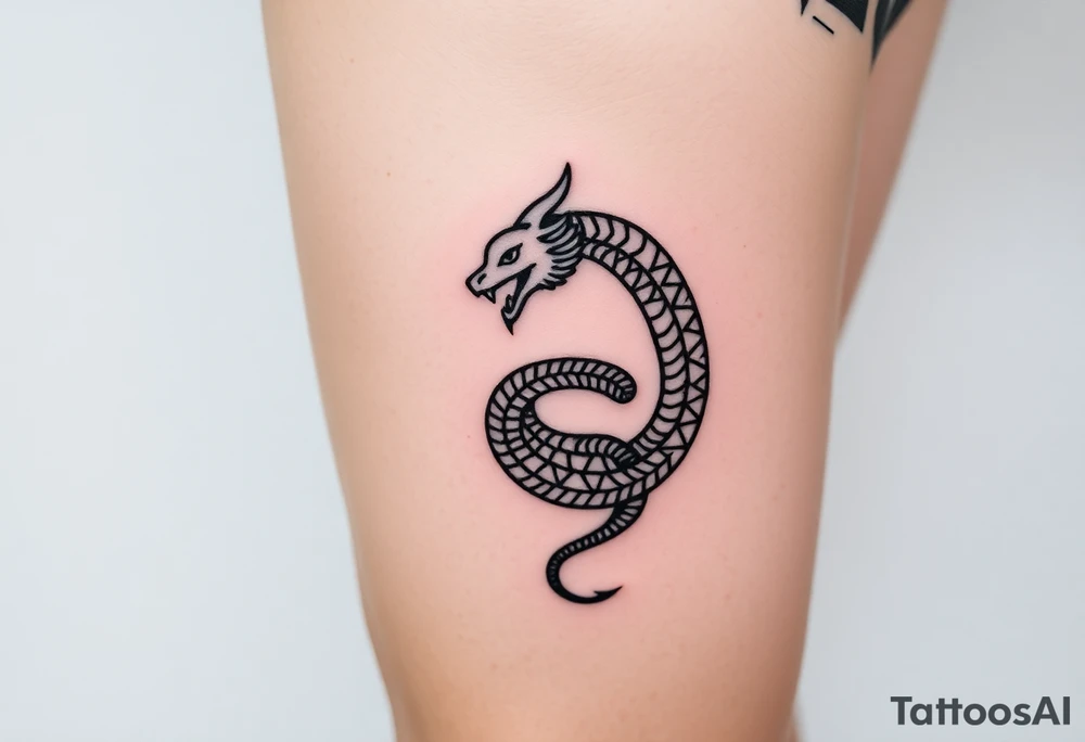 Ouroborous or dragon/serpent/snake eating its own tail in a figure 8 in negative space with geometric patterns on a leg tattoo design tattoo idea