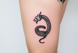 Ouroborous or dragon/serpent/snake eating its own tail in a figure 8 in negative space with geometric patterns on a leg tattoo design tattoo idea