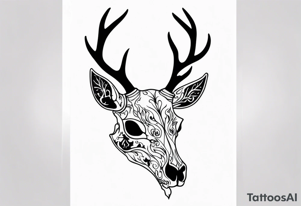 side profile of a DECAYING deer skull JUST BONE supernatural cannibal surrounded by a flames and trees tattoo idea