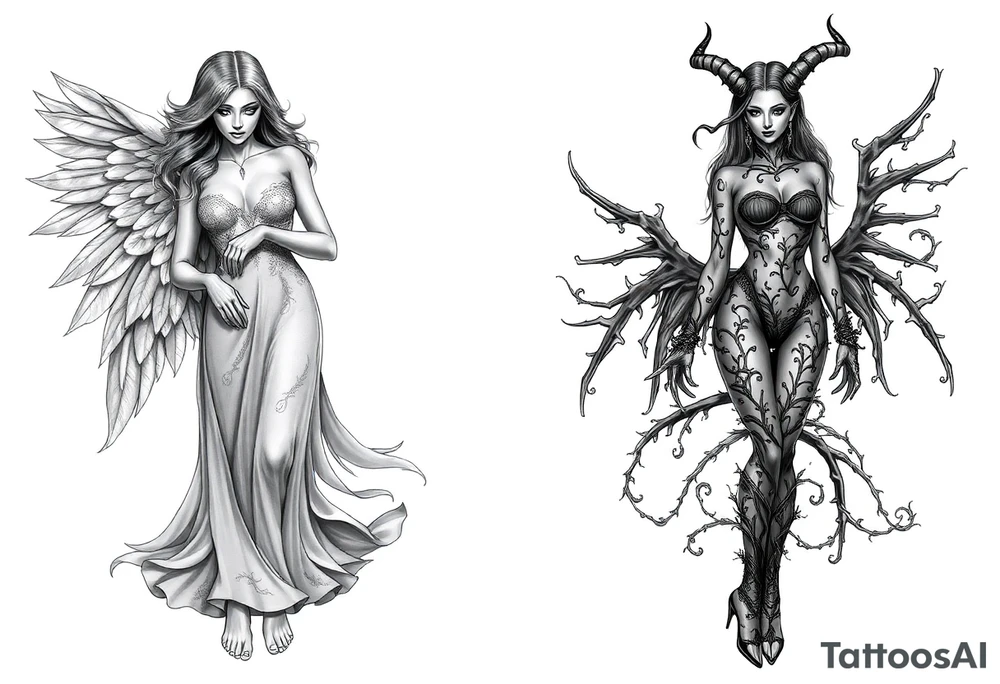 🔥 Dual Tattoo Concept: Angel & Demon – Sexy and Symbolic

Left Side – Angel (Engelin):
A sensual, barefoot angelic woman with soft, flowing hair and serene, open eyes gazes downward with calm strength. Her wings are large, feathered, and gracefully arched. She wears an elegant gown made of delicate, nature-like textures, blending floral and leaf motifs across her bodice and arms. The long dress flows like wind-swept silk, giving a sense of movement and grace. Her posture exudes calm power and divine femininity. She is barefoot, standing lightly as if floating—symbolizing purity, serenity, and grounded spirituality.

Right Side – Demoness (Teufelin):
A striking, seductive demoness with high heels and a confident stance radiates dark power and fierce sensuality. Her body is wrapped in an organic, flame- and thorn-like armor that clings to her form. Her skin appears almost sculpted with dark ornamental patterns. She has sharp horns, long hair, bat-like wings with torn edges, and a long, sinuous tail curling around her leg. Her expression is bold and alluring, eyes closed as if relishing her power. She stands tall in spiked heels, embodying chaos, desire, and strength.

⸻

🌓 Tattoo Style Suggestions:
	•	High-detail black-and-grey realism
	•	Placement: back piece, thighs, or dual shoulder blades
	•	Themes: Good vs Evil, Light vs Dark, Feminine Duality, Temptation vs Grace tattoo idea