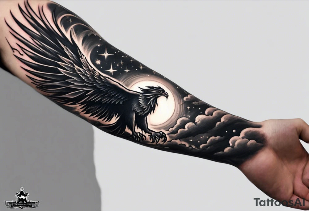 A full sleeve tattoo on ym rights arm 
showing A large phoenix over my shoulder  A person/angel flying through a starry night sky, Some witches or salem witch trial type imagery  a blacked out silhouette from a picture of my band after a show tattoo idea