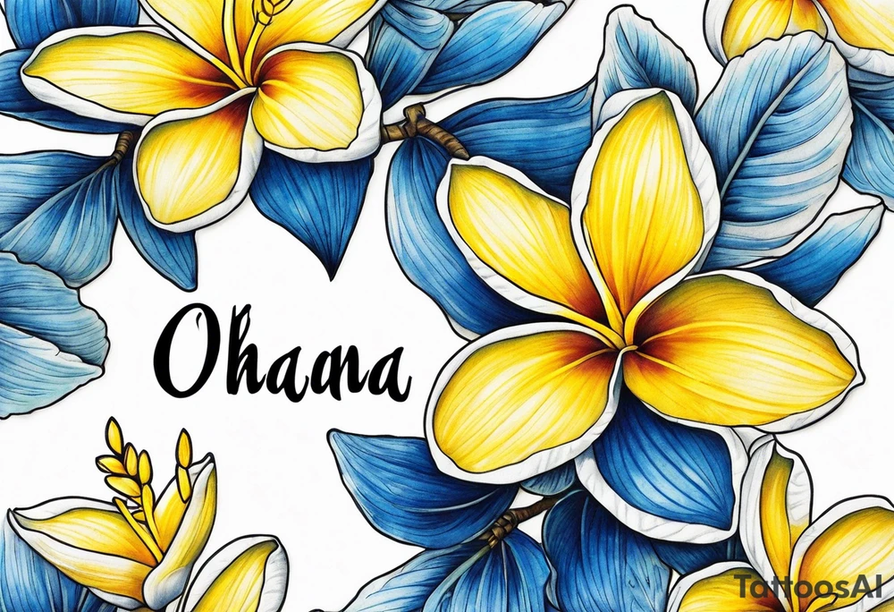 The word ohana, two blue plumerias, two yellow plumerias tattoo idea