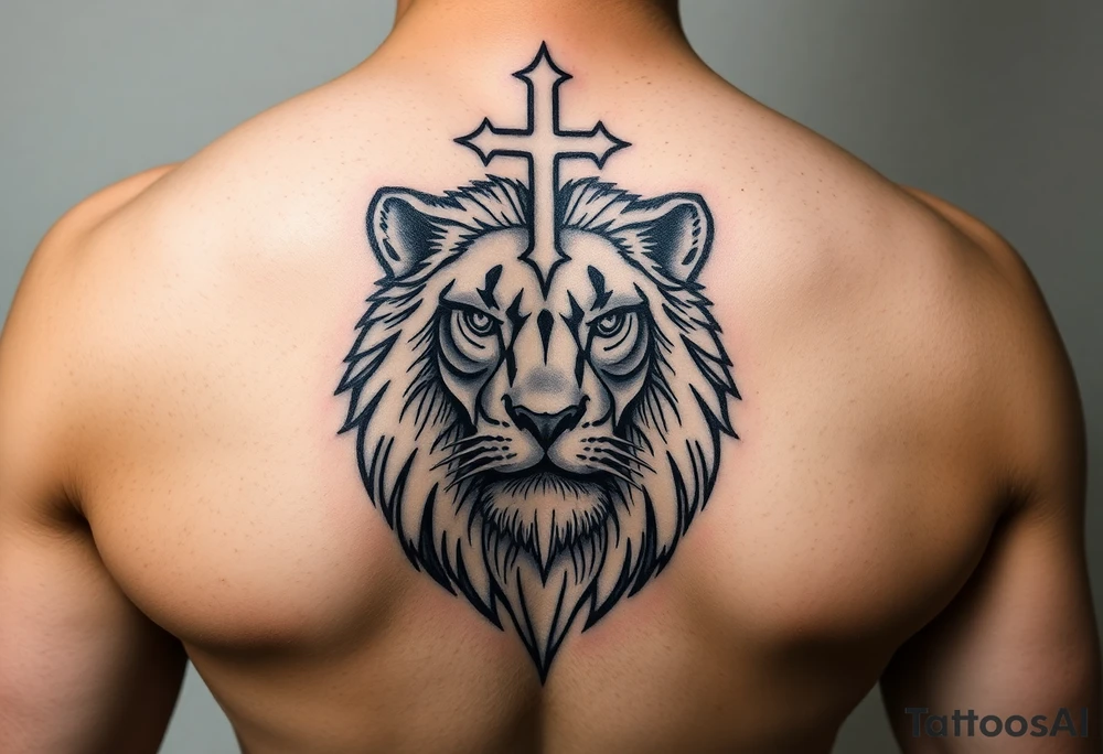 lion with lashes and cross over head tattoo idea