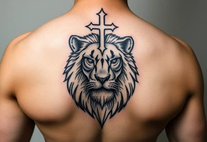 lion with lashes and cross over head tattoo idea