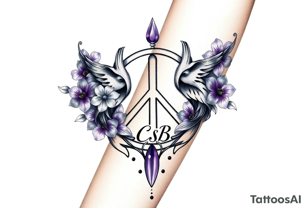 peace symbol, dog prints, Pisces symbol, intertwined with violets, amethyst, initials csb in cursive font tattoo idea