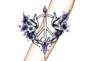 peace symbol, dog prints, Pisces symbol, intertwined with violets, amethyst, initials csb in cursive font tattoo idea