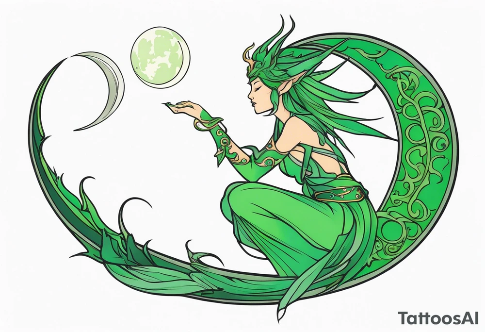 Moon fairy green dragon tattoo idea