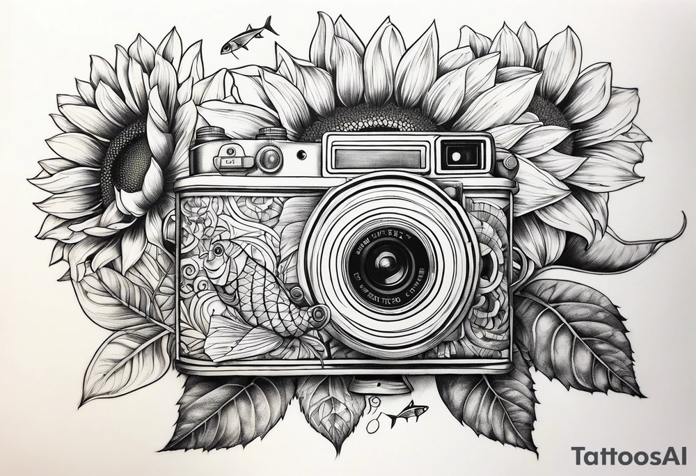 Géométric, sunflower, book, camera, fish tattoo idea