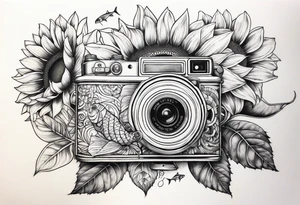 Géométric, sunflower, book, camera, fish tattoo idea