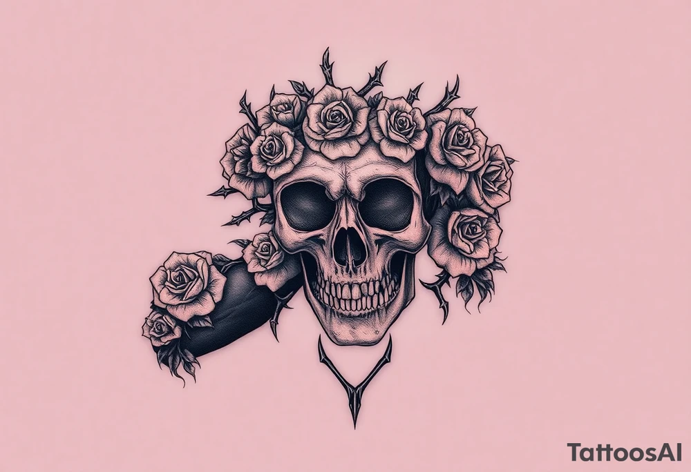 ornate skull adorned with crown of wild roses and thorns tattoo idea
