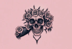 ornate skull adorned with crown of wild roses and thorns tattoo idea