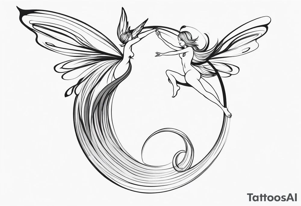 Minimalistic, monochromatic fairy with a tail flying to the left in a fetal position, leaning and looking in the same direction, with visible hands, embodying the 'Fairy Tail' logo aesthetic. tattoo idea
