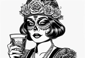 Flapper with sugar skull make up sipping a drink tattoo idea